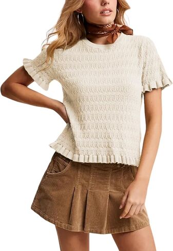 المرأة عارضة قصيرة الأكمام Crewneck متماسكة قمم خفيفة الوزن Peplum الكشكشة البلوز اقتصاص البلوزات in Kuwait