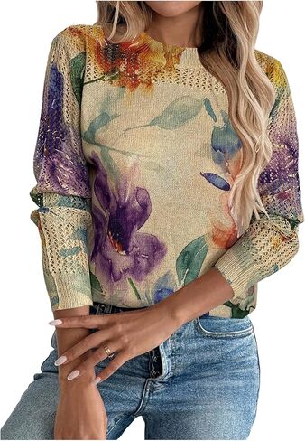 SOLY HUX Women's Floral Sweater Long Sleeve Crew Neck Hollow Out Knit Fall Casual Trendy Pullover Tops in Saudi Arabia