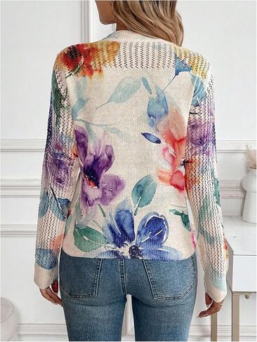 SOLY HUX Women's Floral Sweater Long Sleeve Crew Neck Hollow Out Knit Fall Casual Trendy Pullover Tops in Saudi Arabia
