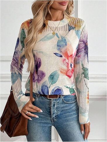 SOLY HUX Women's Floral Sweater Long Sleeve Crew Neck Hollow Out Knit Fall Casual Trendy Pullover Tops in Saudi Arabia