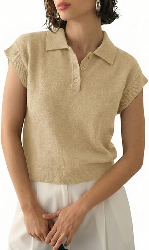 Saodimallsu Womens Cap Short Sleeve Sweater Top Summer Polo Shirts Button Collared Knit Business Casual Pullover Sweater in Saudi Arabia