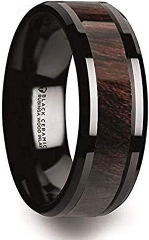 Benny Black Ceramic Polished Beveled Edges Men’s Wedding Band with Bubinga Wood Inlay by Thorsten Jewelry - 8mm in Kuwait