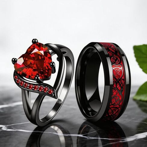 Couple Rings Set Promise Rings for Couples Red and Black Matching Wedding Ring for Couples Valentines Day Jewelry Accessories Gifts for Her Him in Saudi Arabia