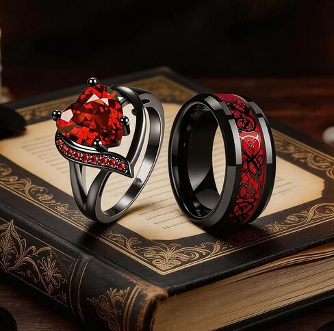 Couple Rings Set Promise Rings for Couples Red and Black Matching Wedding Ring for Couples Valentines Day Jewelry Accessories Gifts for Her Him in Saudi Arabia