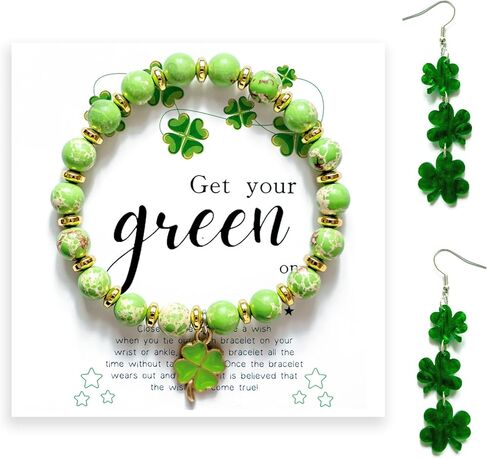 سوار البرسيم المحظوظ المطلي بالذهب عيار 18 قيراط - أساور من الحجر الأخضر وأربعة من البرسيم، هدايا مجوهرات عصرية للنساء (أقراط متدلية من الأكريليك مجانًا) in Kuwait