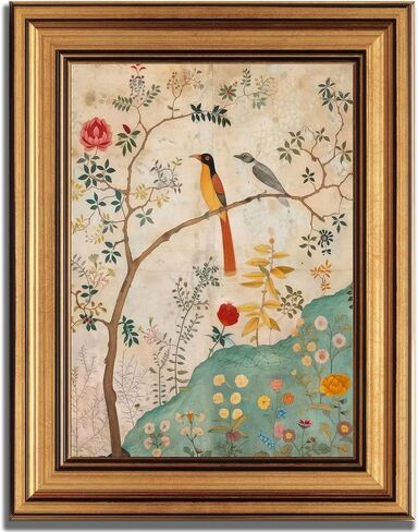 Gold Framed Vintage Floral Bird Canvas Wall Art Boho Plant Flower Sparrow Painting Decor Pictures Beige Medieval Nature Aesthetic Bedroom Living Posters Prints for Corridor Kitchen Room Decoration in Saudi Arabia