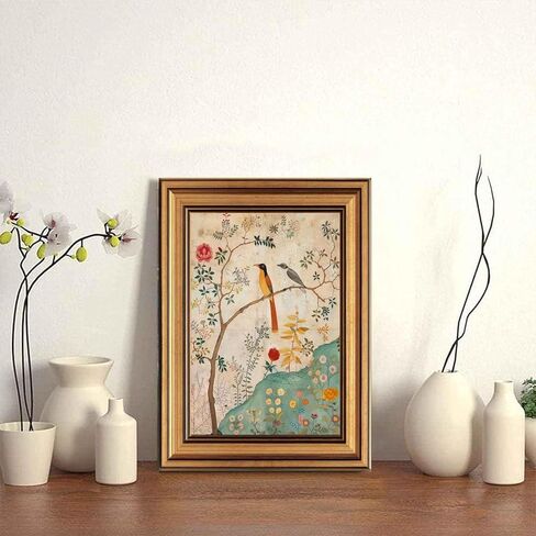 Gold Framed Vintage Floral Bird Canvas Wall Art Boho Plant Flower Sparrow Painting Decor Pictures Beige Medieval Nature Aesthetic Bedroom Living Posters Prints for Corridor Kitchen Room Decoration in Saudi Arabia