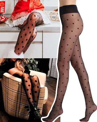 Tights Patterned Polka Dot, Sheer Black Stockings Women High Waist Pantyhose Hosiery Footed Tights Reinforced XS-M in Saudi Arabia