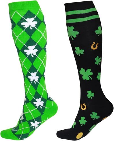 Fancy Land 2 Pairs St Patricks Day Socks for Women Men Knee High Irish Green Shamrock Compression Socks for St Patricks Day Gifts Costume Accessories Running in Saudi Arabia
