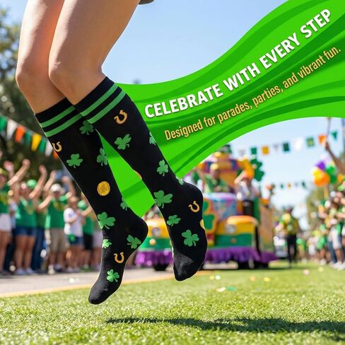 Fancy Land 2 Pairs St Patricks Day Socks for Women Men Knee High Irish Green Shamrock Compression Socks for St Patricks Day Gifts Costume Accessories Running in Saudi Arabia