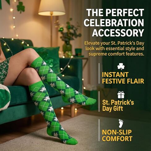 Fancy Land 2 Pairs St Patricks Day Socks for Women Men Knee High Irish Green Shamrock Compression Socks for St Patricks Day Gifts Costume Accessories Running in Saudi Arabia