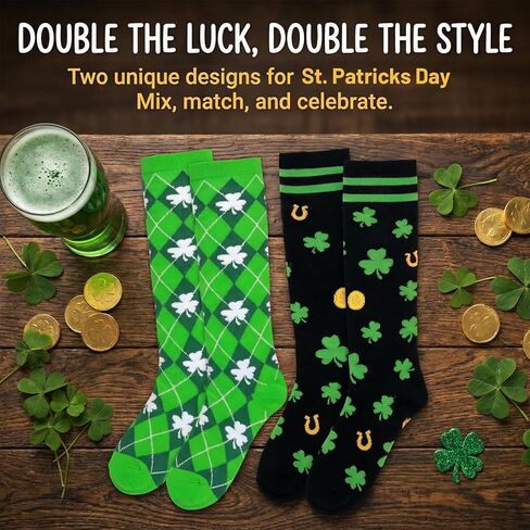Fancy Land 2 Pairs St Patricks Day Socks for Women Men Knee High Irish Green Shamrock Compression Socks for St Patricks Day Gifts Costume Accessories Running in Saudi Arabia