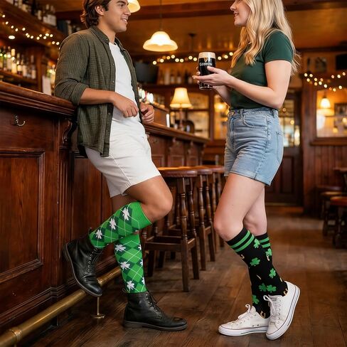 Fancy Land 2 Pairs St Patricks Day Socks for Women Men Knee High Irish Green Shamrock Compression Socks for St Patricks Day Gifts Costume Accessories Running in Saudi Arabia