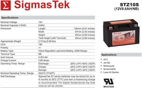 Yamaha 600CC YZF-R6 (Excl. R6S) 2006-2016 Compatible SLA Motorcycle Battery by SigmasTek, STZ10S 190CCA in Saudi Arabia