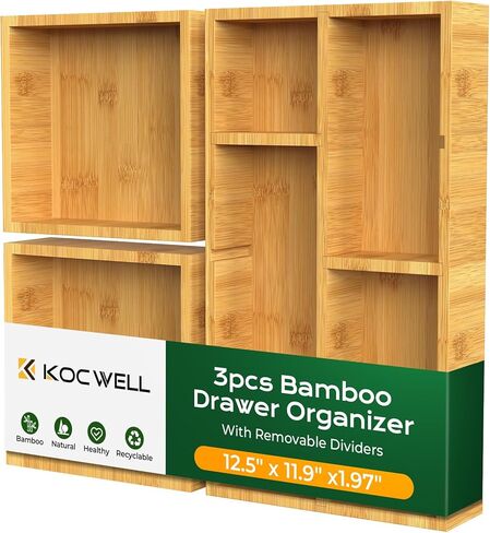 منظم أدراج مكتب KOCWELL من الخيزران مع فواصل قابلة للإزالة، صينية تنظيم أدراج المكتب متعددة الاستخدام، منظمات الأدراج غير المرغوب فيها للمكتب والمدرسة والمطبخ وإمدادات المكياج (بني كربوني) in Saudi Arabia