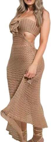 Women Halterneck Beach Coverup Dress Knitted Swimsuit Coverups Crochet Beach Dress Full Length Beach Coverup Dress in Saudi Arabia