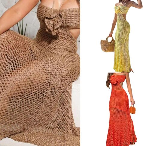 Women Halterneck Beach Coverup Dress Knitted Swimsuit Coverups Crochet Beach Dress Full Length Beach Coverup Dress in Saudi Arabia