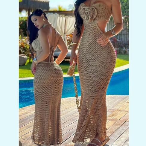 Women Halterneck Beach Coverup Dress Knitted Swimsuit Coverups Crochet Beach Dress Full Length Beach Coverup Dress in Saudi Arabia
