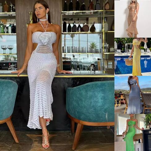 Women Halterneck Beach Coverup Dress Knitted Swimsuit Coverups Crochet Beach Dress Full Length Beach Coverup Dress in Saudi Arabia