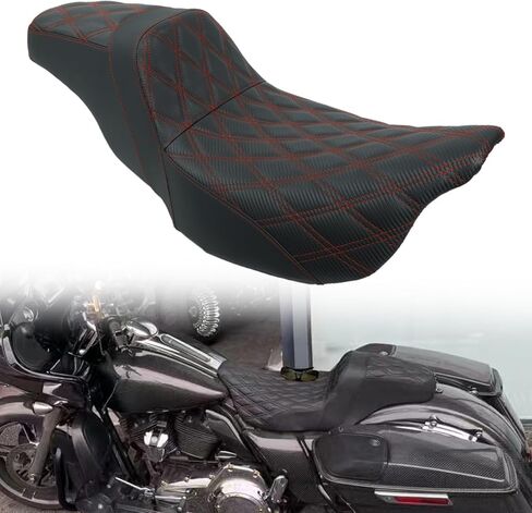 One-Piece Driver & Passenger Seat with Gel Cushion + Driver Backrest Fit for Harley Touring Electra Glide Road King Road Glide Street Glide 2009-2023 (Diamond + Black Line) in Saudi Arabia