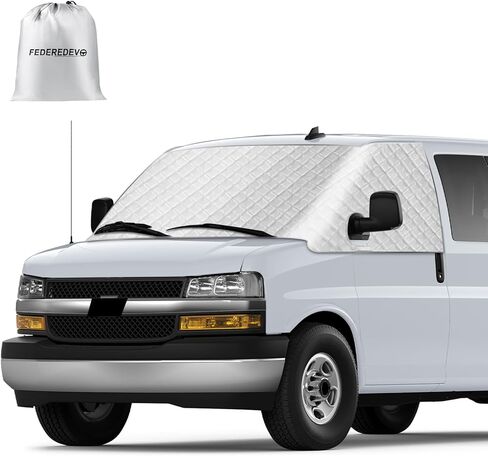 غطاء الزجاج الأمامي RV لسيارة Express/GMC Savana Van 1996-2026، غطاء مظلة النافذة الأمامية RV، للحماية من الأشعة فوق البنفسجية ودرع الخصوصية، فضي مع فتحات مرآة in Kuwait