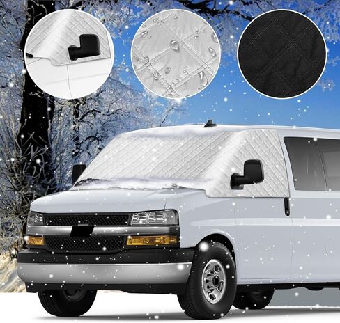 غطاء الزجاج الأمامي RV لسيارة Express/GMC Savana Van 1996-2026، غطاء مظلة النافذة الأمامية RV، للحماية من الأشعة فوق البنفسجية ودرع الخصوصية، فضي مع فتحات مرآة in Kuwait