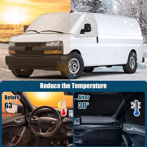 غطاء الزجاج الأمامي RV لسيارة Express/GMC Savana Van 1996-2026، غطاء مظلة النافذة الأمامية RV، للحماية من الأشعة فوق البنفسجية ودرع الخصوصية، فضي مع فتحات مرآة in Kuwait