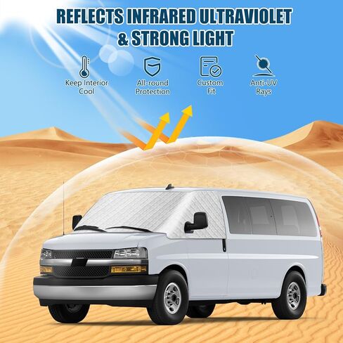غطاء الزجاج الأمامي RV لسيارة Express/GMC Savana Van 1996-2026، غطاء مظلة النافذة الأمامية RV، للحماية من الأشعة فوق البنفسجية ودرع الخصوصية، فضي مع فتحات مرآة in Kuwait