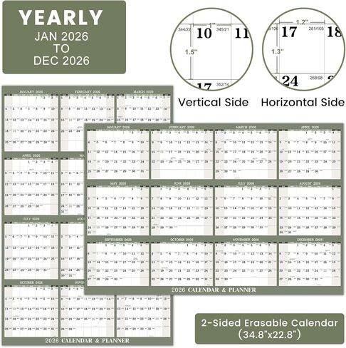 2026 Yearly Wall Calendar - 2026 Dry Erase Calendar for Wall, 34.6" x 22.9", Jan. 2026 - Dec. 2026, 2026 Wall Calendar for both Vertical/Horizontal use, Reversible in Saudi Arabia