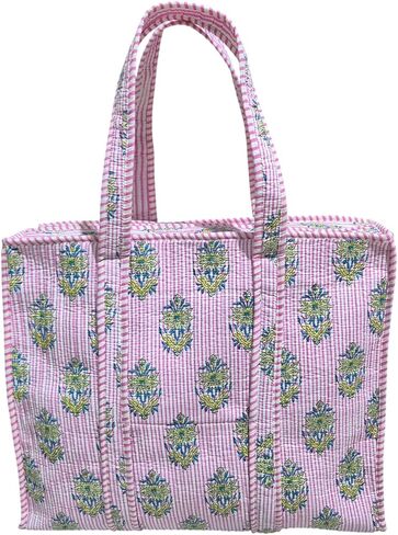 Large Cotton Quilted Tote Bag for Women - 18"x16" Spacious Handbag with Zipper, Perfect for Beach Travel Shopping in Saudi Arabia