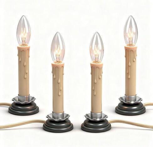 مصباح شمعة نافذة كهربائي مقاس 5 بوصات مع قاعدة حديد البرقوق الأسود، مصباح شمعة ريفي كهربائي مع لمبة شفافة C26 بقدرة 7 وات، وصلة شمعة كهربائية جاهزة للتشغيل/الإيقاف، عاجي/كريمي - مجموعة من 4 قطع، سلك بيج in Kuwait