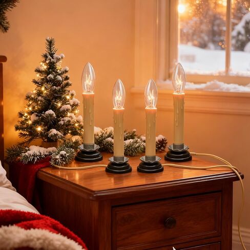 مصباح شمعة نافذة كهربائي مقاس 5 بوصات مع قاعدة حديد البرقوق الأسود، مصباح شمعة ريفي كهربائي مع لمبة شفافة C26 بقدرة 7 وات، وصلة شمعة كهربائية جاهزة للتشغيل/الإيقاف، عاجي/كريمي - مجموعة من 4 قطع، سلك بيج in Kuwait