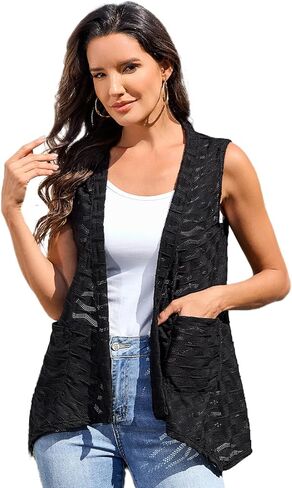 Women's Outerwear Vests Denim Vest Sleeveless Top Blazer Cardigan Vests with Pockets in Kuwait