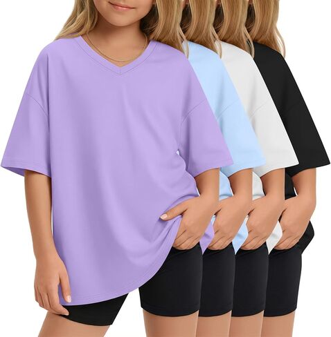 4 Pack Girls Oversized Shirts Short Sleeve Kids V Neck Drop Shoulder Tops Basic Casual Soft Solid Tees Summer in Saudi Arabia
