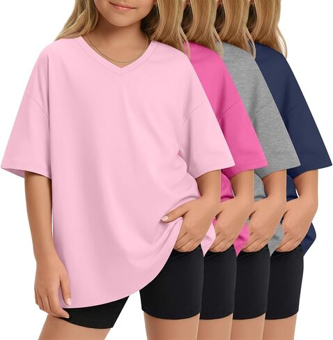 4 Pack Girls Oversized Shirts Short Sleeve Kids V Neck Drop Shoulder Tops Basic Casual Soft Solid Tees Summer in Saudi Arabia