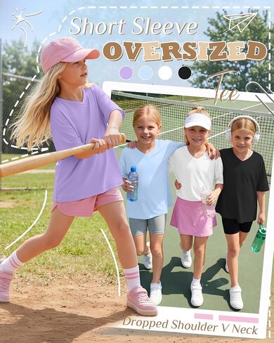 4 Pack Girls Oversized Shirts Short Sleeve Kids V Neck Drop Shoulder Tops Basic Casual Soft Solid Tees Summer in Saudi Arabia