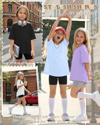 4 Pack Girls Oversized Shirts Short Sleeve Kids V Neck Drop Shoulder Tops Basic Casual Soft Solid Tees Summer in Saudi Arabia
