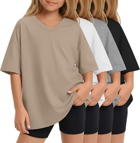 4 Pack Girls Oversized Shirts Short Sleeve Kids V Neck Drop Shoulder Tops Basic Casual Soft Solid Tees Summer in Saudi Arabia