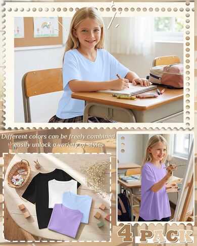 4 Pack Girls Oversized Shirts Short Sleeve Kids V Neck Drop Shoulder Tops Basic Casual Soft Solid Tees Summer in Saudi Arabia