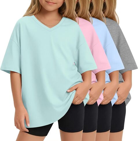 4 Pack Girls Oversized Shirts Short Sleeve Kids V Neck Drop Shoulder Tops Basic Casual Soft Solid Tees Summer in Saudi Arabia