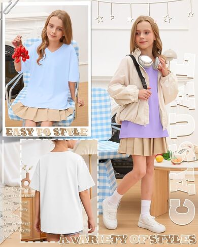 4 Pack Girls Oversized Shirts Short Sleeve Kids V Neck Drop Shoulder Tops Basic Casual Soft Solid Tees Summer in Saudi Arabia