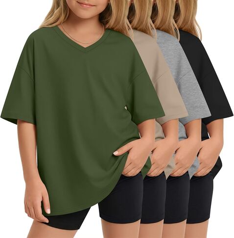 4 Pack Girls Oversized Shirts Short Sleeve Kids V Neck Drop Shoulder Tops Basic Casual Soft Solid Tees Summer in Saudi Arabia