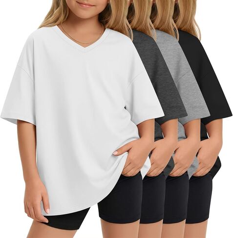 4 Pack Girls Oversized Shirts Short Sleeve Kids V Neck Drop Shoulder Tops Basic Casual Soft Solid Tees Summer in Saudi Arabia