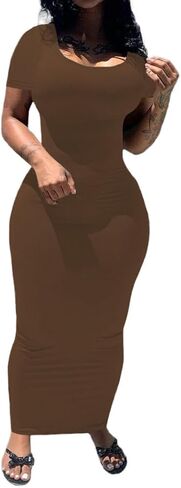 PINSV Women's Casual Bodycon Maxi Dress Summer Scoop Neck Short Sleeve Long Fitted Dresses Club Party in Saudi Arabia