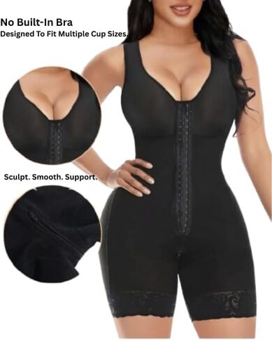 Women's Full Body Shapewear Bodysuit, Black Compression Garment with Lace Trim, Adjustable Straps, Tummy Control, Post-Surgery Recovery Wear(Size Medium,Black color) in Saudi Arabia
