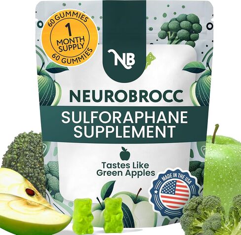NeuroBrocc Sulforaphane Supplement Gummies - Potent Broccoli Sprout Extract Supplement - 60 Vegan Friendly Green Apple Flavor Gummies in Kuwait