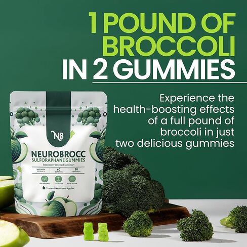 NeuroBrocc Sulforaphane Supplement Gummies - Potent Broccoli Sprout Extract Supplement - 60 Vegan Friendly Green Apple Flavor Gummies in Kuwait