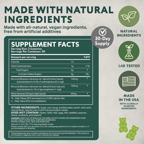 NeuroBrocc Sulforaphane Supplement Gummies - Potent Broccoli Sprout Extract Supplement - 60 Vegan Friendly Green Apple Flavor Gummies in Kuwait