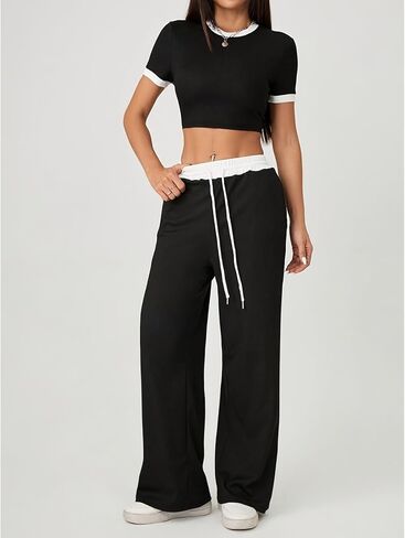 2 pcs set Loungewear for Women,Stylish Short-Sleeve and High Waisted Baggy Pants,Homewear for Relaxation Wear in Saudi Arabia