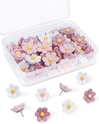 دبابيس دفع زهرة eZAKKA، 50 قطعة من دبابيس الدفع اللطيفة لألواح الفلين المزخرفة بمسامير الإبهام لجدار الصور، والجدار المميز، والخريطة، ولوحة الإعلانات، والمكتب أو المنزل in Kuwait